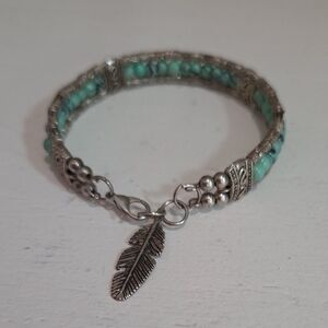 Silver and Turquoise Beaded Bracelet with Feather Charm